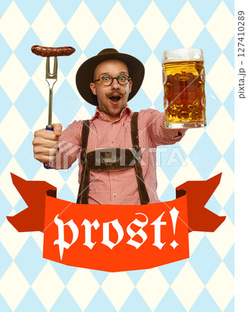 Modern retro aesthetic with surprised man holding sausage and beer, Flat folk art style collage 127410289