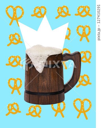 Surreal collage art with wooden beer mug and crown of pretzels in folk and retro art style Surreal collage art with wooden beer mug and crown of pretzels in folk and retro art style 127410291