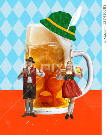 Bold colorful poster with giant beer mug in hat and dancing Bavarian couple in folk style collage Bold colorful poster with giant beer mug in hat and dancing Bavarian couple in folk style collage 127410295