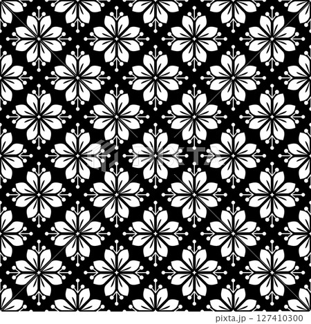 Flower geometric pattern. Seamless vector background. White and black ornament. Ornament for fabric, wallpaper, packaging. Decorative print. Flower geometric pattern. Seamless vector background. White and black ornament. Ornament for fabric, wallpaper, packaging. Decorative print. 127410300