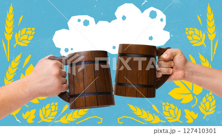 Modern retro aesthetic beer poster with wooden mugs and wheat background in flat folk illustration style 127410301