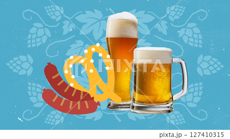 Beer glasses with sausages and pretzel on folk pattern background. Oktoberfest energy in a colorful pop collage 127410315