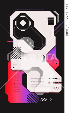 Futuristic interface panel with central node and vivid red glitch effects. Systems design 127410331