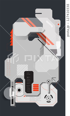 Layered schematic vector display with grayscale panels and alert stripes. Interface prototyping 127410338