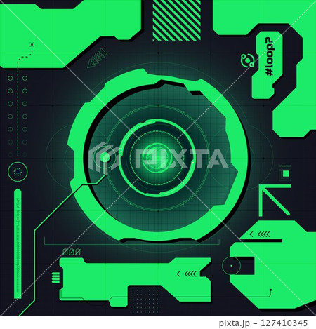 Bright neon green circular HUD interface with sci-fi layout and scanning data elements, brutalism 127410345