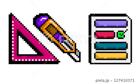 Ruler utility knife and checklist in pixel art style. DIY and construction planning 127410371