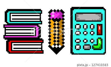 Pixel art stack of books calculator and pencil...のイラスト素材 [127410383 ...
