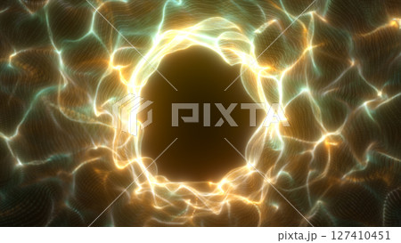 Glowing golden tunnel with soft swirling waves forming an energetic circular portal effect 127410451