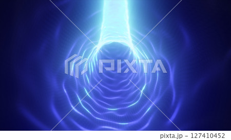 Bright cyan-blue digital tunnel with flowing light lines creating a futuristic energy stream Bright cyan-blue digital tunnel with flowing light lines creating a futuristic energy stream 127410452