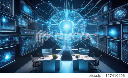 futuristic workspace with glowing neural networks and data streams, showcasing advanced technology and interconnected systems 127410496