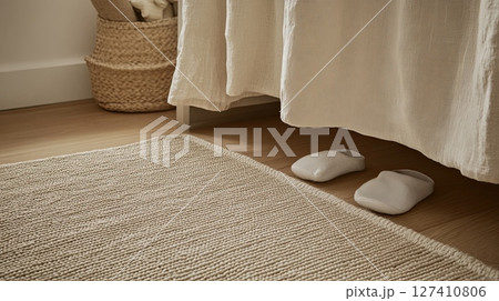 Cozy minimalist bedroom interior with soft slippers and woven rug in warm neutral tones 127410806