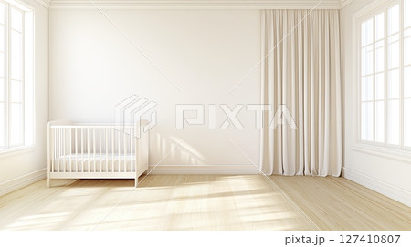 Bright baby room interior with white crib and flowing curtains 127410807
