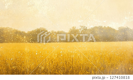 Autumn field under rainfall with warm golden light and textured water drops, tranquil farm mood 127410818