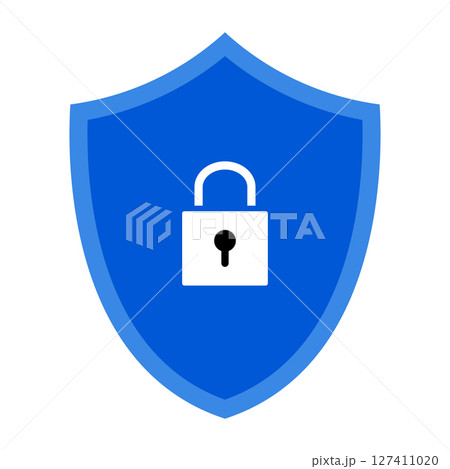 Secure Lock Shield Icon Vector Illustration. This vector illustration features a blue security shield with a thick border and a centered white padlock icon. 127411020