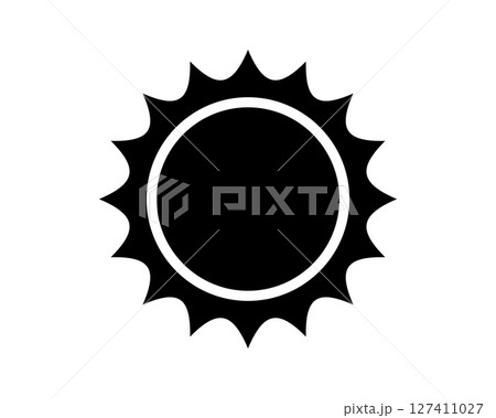 Simple black sun icon on white background. Symbolizes warmth, energy, and optimism. Perfect for weather forecasts, summer designs, and positive messaging. 127411027