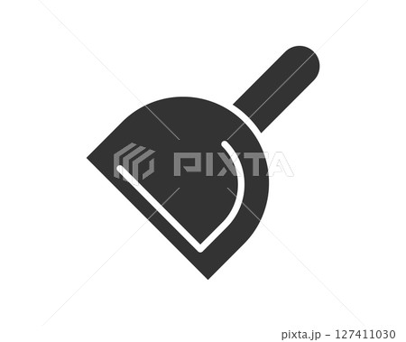 Minimalist illustration of a small scoop, in solid black. Symbol of cleanliness, hygiene, or collecting things. Perfect for construction, household, or gardening themes. Versatile for design. 127411030