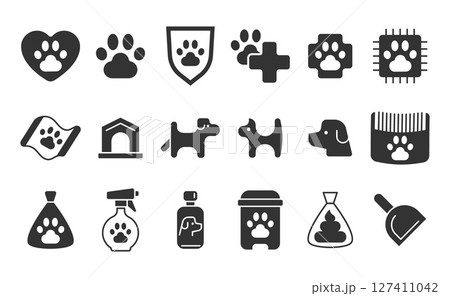 Black and white dog care icon set. Flat vector elements, clean design, perfect for pet services, veterinary, dog shelters. Simple, modern, easily adaptable. Black and white dog care icon set. Flat vector elements, clean design, perfect for pet services, veterinary, dog shelters. Simple, modern, easily adaptable. 127411042