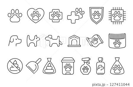 Modern line art icons illustrating pet care, safety, veterinary services, and responsible pet ownership. Usable for websites, apps, and marketing for animals. Modern line art icons illustrating pet care, safety, veterinary services, and responsible pet ownership. Usable for websites, apps, and marketing for animals. 127411044