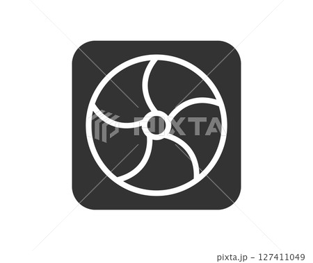 Modern icon featuring a stylized fan within a rounded square. Clean and versatile for tech, energy, or coolingrelated designs. Symbolizes air flow, ventilation, or technology solutions. 127411049