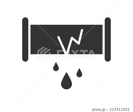 Cracked pipe vector icon with dripping liquid. Symbol of damage, maintenance, plumbing problems, or resource waste. Use for diagrams or infographics. 127411052