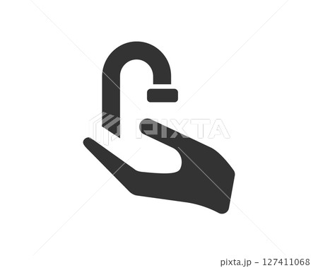 Simple icon of hand with faucet. Symbolizes water conservation, cleanliness, or plumbing services. Clean, modern design. Use for web, apps, or print materials. 127411068
