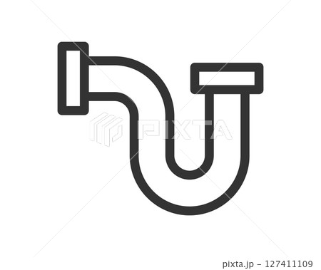 A minimal, bold line art illustration depicting a drainpipe or plumbing system element. Ideal for representing hygiene, repair, or home improvement concepts. 127411109