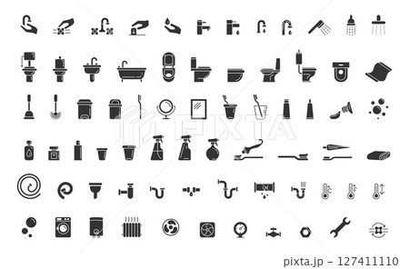 Collection of black white bathroom, sanitary, and plumbing icons. Useful for web design, infographics, and architectural plans. Symbolizing hygiene and utilities. Collection of black white bathroom, sanitary, and plumbing icons. Useful for web design, infographics, and architectural plans. Symbolizing hygiene and utilities. 127411110