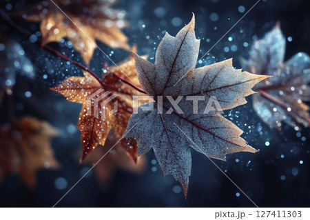Autumn leaves with frost and dew glistening in soft light against a dark blurred background Autumn leaves with frost and dew glistening in soft light against a dark blurred background 127411303