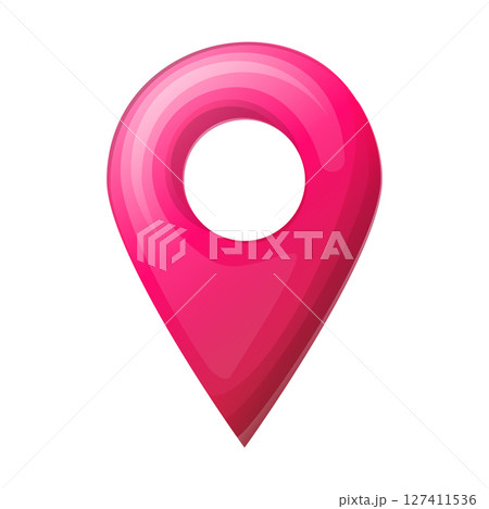 Vector illustration of a glossy red location pin with a blue stick, isolated on a white background. Concept for navigation, maps, GPS, geolocation, wayfinding, and travel. 127411536