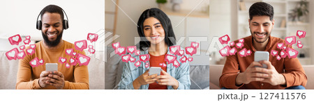 Three diverse individuals, each seated on a couch, use their smartphones and smile as virtual heart icons surround them. Illustrating the universality of modern technology and social media. 127411576