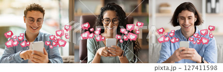 Three young adults seated in different locations and using their smartphones. They are all smiling and seem happy, and their screens are filled with digital hearts, receiving likes Three young adults seated in different locations and using their smartphones. They are all smiling and seem happy, and their screens are filled with digital hearts, receiving likes 127411598