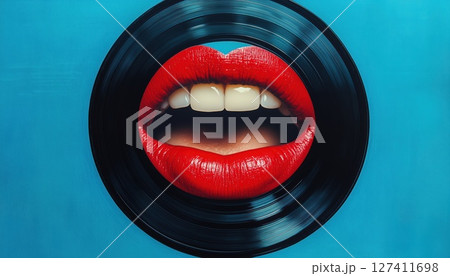 Female Mouth Singing On Vinyl Record In A Contemporary Art Collage Of Creativity And Surrealism 127411698