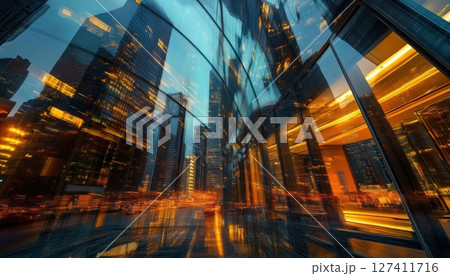 Luxurious Modern Buildings And Cityscape Captured In Double Exposure From A Low Angle 127411716