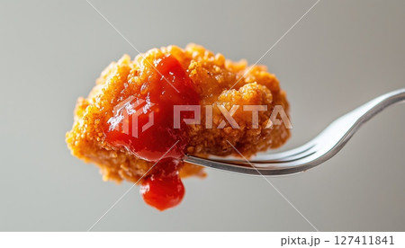 Crispy Fried Chicken With Tomato Sauce And Ketchup On A Fork 127411841