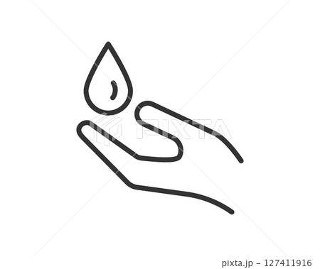 Minimalist icon of a hand receiving a falling drop. Symbolizes purity, cleansing, care, or donation. Ideal for hygiene, beauty, health, environmental projects. Minimalist icon of a hand receiving a falling drop. Symbolizes purity, cleansing, care, or donation. Ideal for hygiene, beauty, health, environmental projects. 127411916