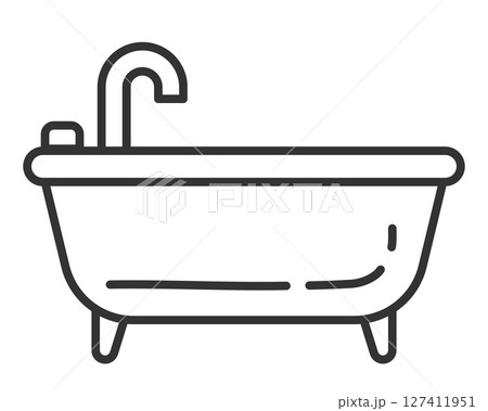 Minimalist line art illustration of a bathtub with a faucet. Concept for relaxation, hygiene, bathroom design. Ideal for apps, websites, infographics, and interior design projects. 127411951