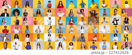 A colorful collage features a collection of diverse, multiracial faces expressing various lifestyles and emotions. Each individual stands against bright backgrounds, celebrating unity in diversity. 127412026