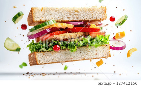 Delicious Sandwich With Flying Ingredients On White Background 127412150
