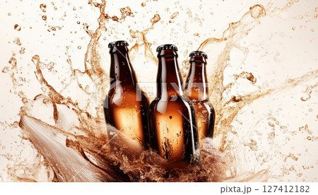 Three Brown Beer Bottles Toasting With Beer Overflows And Splashing On White Background 127412182