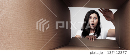 Shocked Young Woman Looking Into Empty Cardboard Moving Box. Transporting Stuff And Changing Apartments Concept 127412277