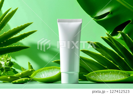 A tube of aloe vera cream next to a green background 127412523