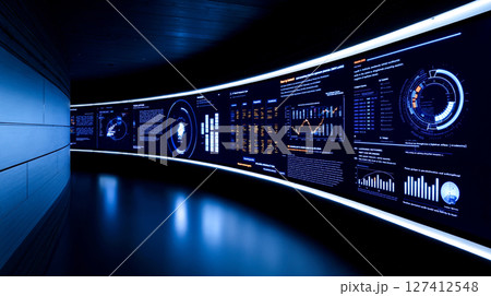 A long wall of information displayed on a wall in a dark room 127412548