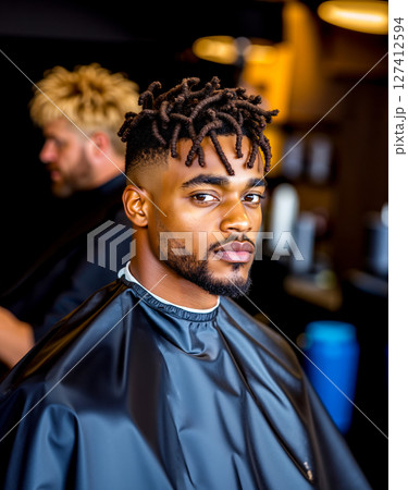A man with dreadlocks sitting in a barber shop A man with dreadlocks sitting in a barber shop 127412594