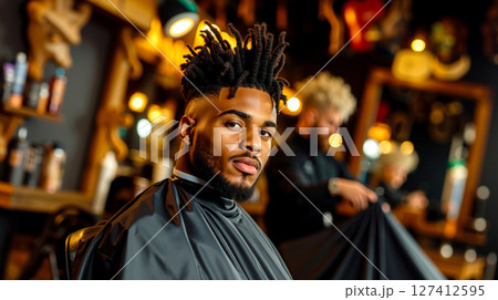 A man sitting in a barber chair in a hair salon A man sitting in a barber chair in a hair salon 127412595