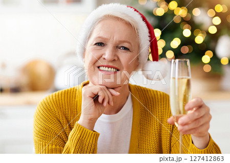Attractive senior lady in Santa hat having video call, holding glass of champagne and smiling, screenshot of laptop with video chat, old woman celebrating Christmas or New year during quarantine Attractive senior lady in Santa hat having video call, holding glass of champagne and smiling, screenshot of laptop with video chat, old woman celebrating Christmas or New year during quarantine 127412863