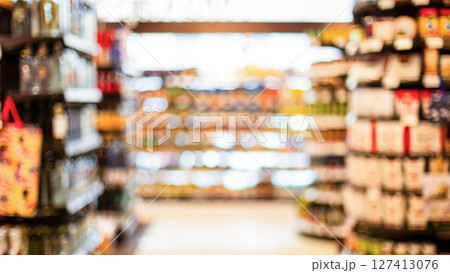 Blurred Supermarket Background, Defocused Grocery Store Aisles With Food And Drinks On Aisles. Unrecognizable Products In Shop Without Buyers. Groceries Shopping, Hypermarket Warehouse Concept Blurred Supermarket Background, Defocused Grocery Store Aisles With Food And Drinks On Aisles. Unrecognizable Products In Shop Without Buyers. Groceries Shopping, Hypermarket Warehouse Concept 127413076