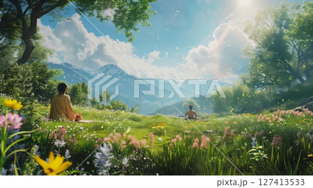 Two figures sit in peaceful meditation in a lush green meadow, surrounded by wildflowers and overlooking a breathtaking mountain range. The sun shines brightly, casting a warm glow on the scene. 127413533