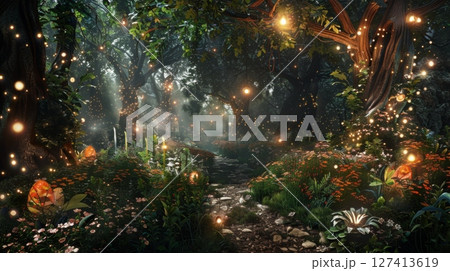 A magical forest path illuminated by fairy lights winds through lush greenery. 127413619