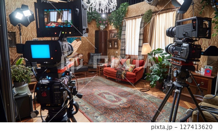 Two professional cameras are set up in a living room, capturing a scene with lighting equipment. 127413620