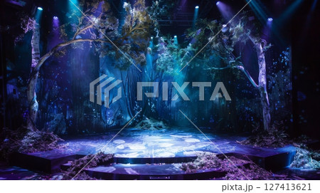 A stage set with blue and purple lights, featuring trees and branches, simulating a magical forest. 127413621